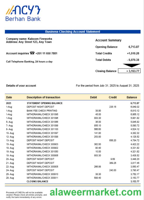 Berhan bank business firm account statement Word snd PDF format